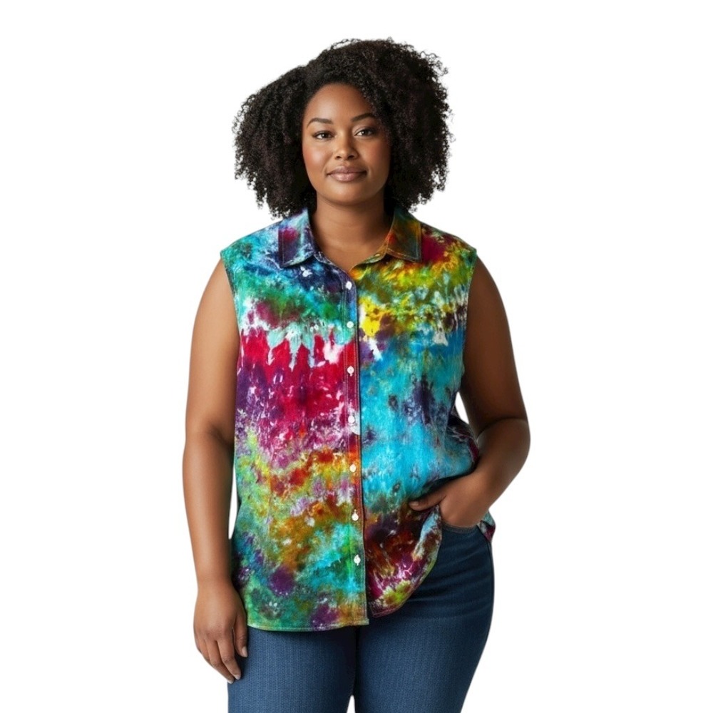 Talbots XL Top Handmade Tie Dye Linen Sleeveless Button‎ Down Festival 1736